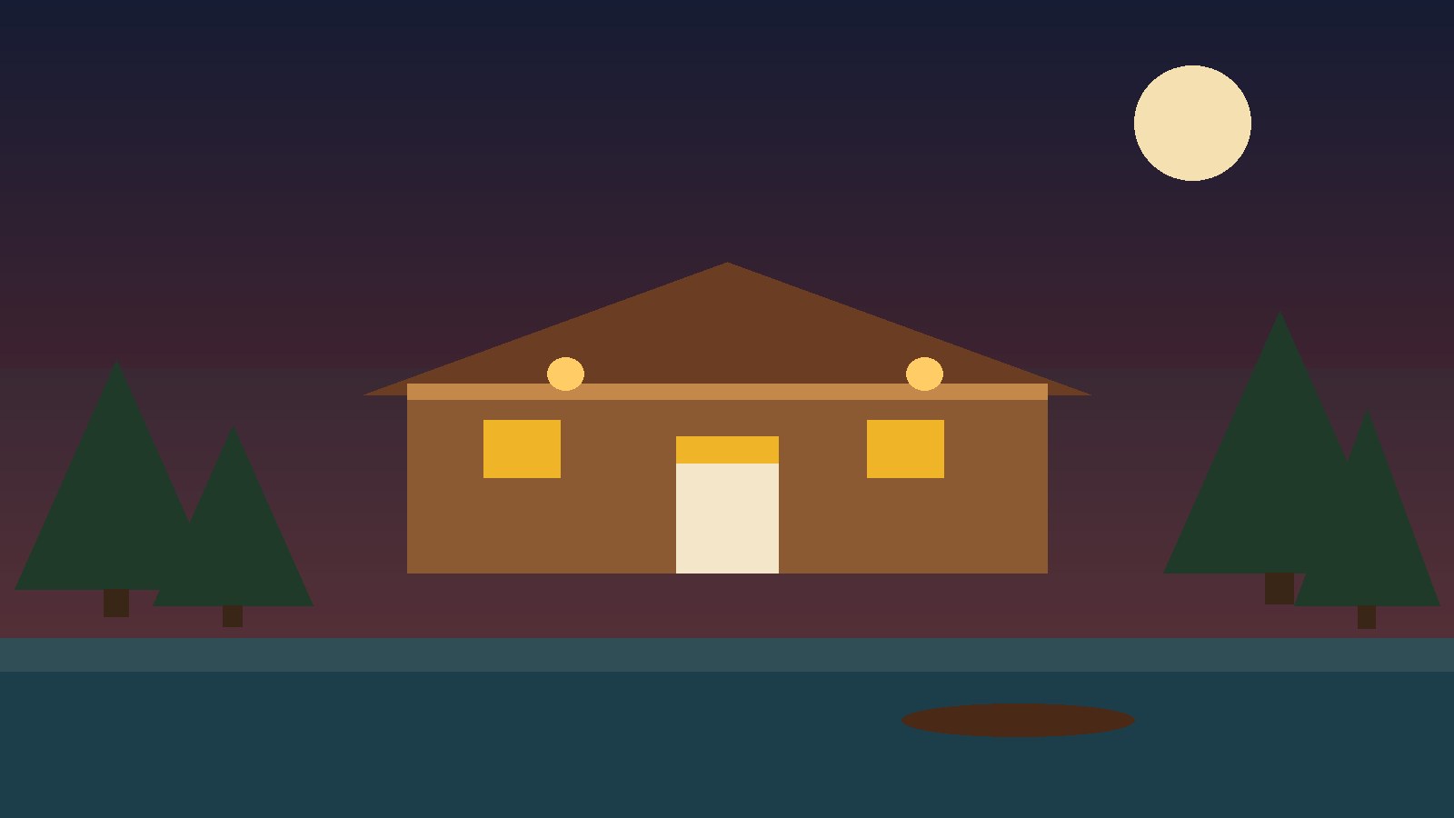 Cartoon timber lodge on a Canadian lake at dusk, lanterns on the porch and a ticket window glowing.